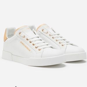 Dolce & Gabbana Calfskin nappa Portofino sneakers with lettering. (White & gold)